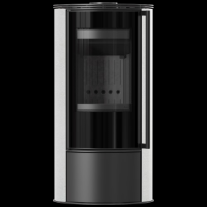 Piec stalowy ERIK Ø 150 5,5 kW ozdobna ceramika akumulacyjna WHITE SATIN czarne wyłożenie