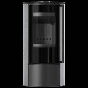 Piec stalowy ERIK Ø 150 5,5 kW ozdobna ceramika akumulacyjna GRAY SATIN czarne wyłożenie