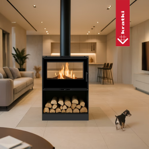 Kominek wolnostojący tunelowy KRATKI KARI 80 12 kW Ø 180 z półką na drewno i domykaniem